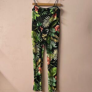 Laqueen Black Tropical Print Mesh Bodysuit (L) & Pant (M) Set